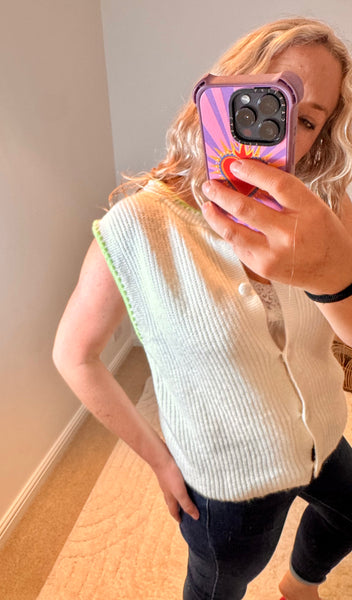 Soft Sleeveless Cardigan with Green Tipping | Cream/Green