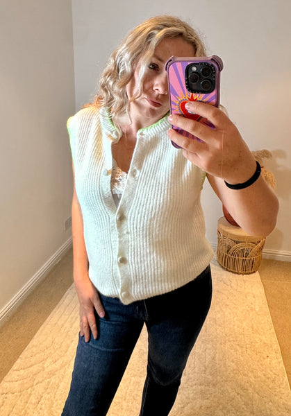 Soft Sleeveless Cardigan with Green Tipping | Cream/Green