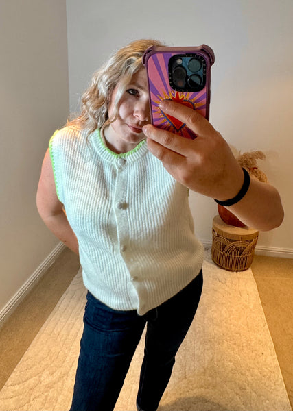 Soft Sleeveless Cardigan with Green Tipping | Cream/Green