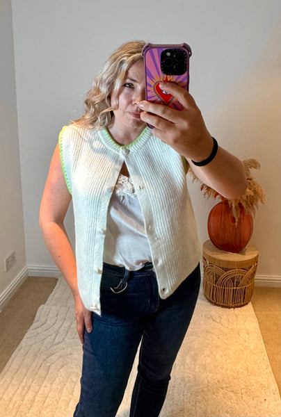 Soft Sleeveless Cardigan with Green Tipping | Cream/Green