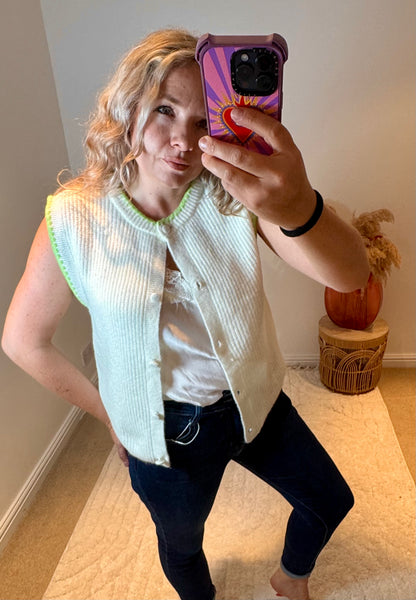 Soft Sleeveless Cardigan with Green Tipping | Cream/Green