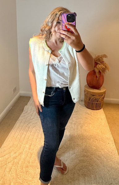 Soft Sleeveless Cardigan with Green Tipping | Cream/Green
