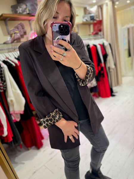 Longline Blazer with  Leopard Cuff Detail | Chocolate Brown