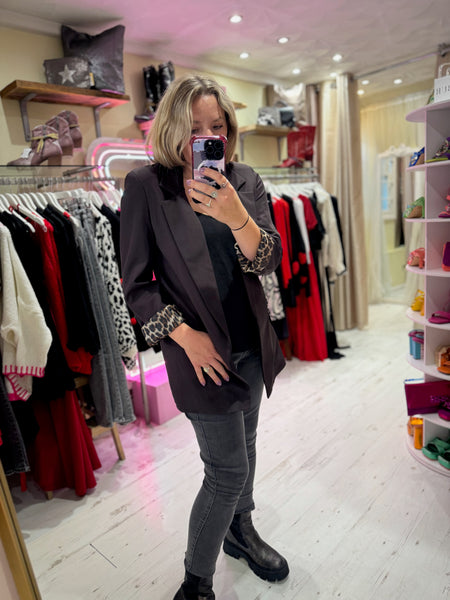Longline Blazer with  Leopard Cuff Detail | Chocolate Brown