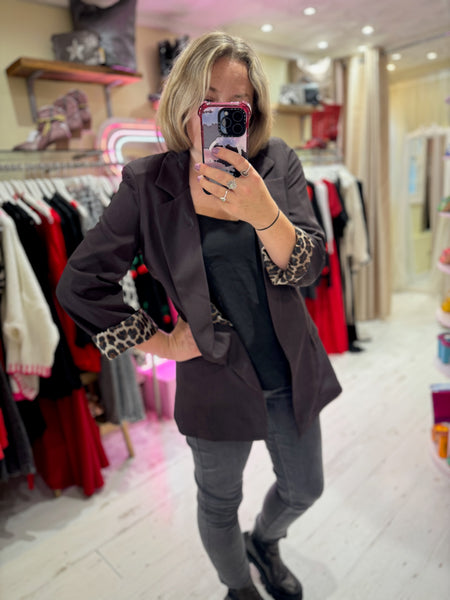 Longline Blazer with  Leopard Cuff Detail | Chocolate Brown