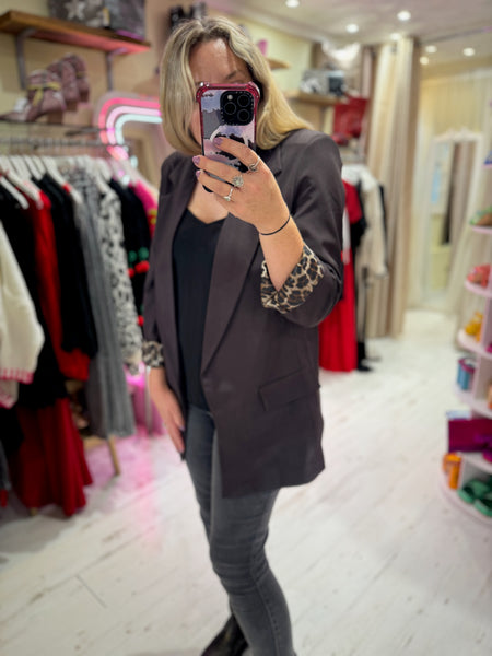 Longline Blazer with  Leopard Cuff Detail | Chocolate Brown