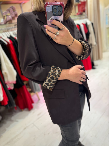 Longline Blazer with  Leopard Cuff Detail | Chocolate Brown