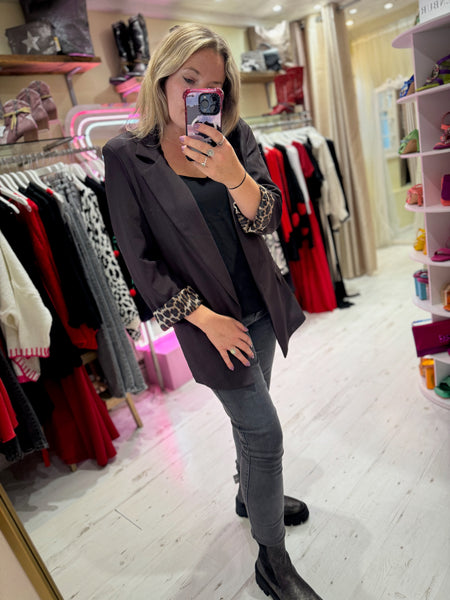 Longline Blazer with  Leopard Cuff Detail | Chocolate Brown