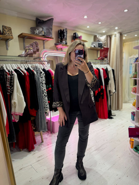 Longline Blazer with  Leopard Cuff Detail | Chocolate Brown