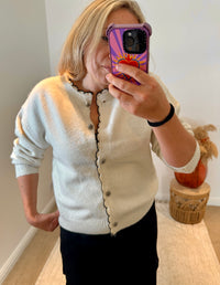 Round Neck Scalloped Edge Cardigan | Cream/Black