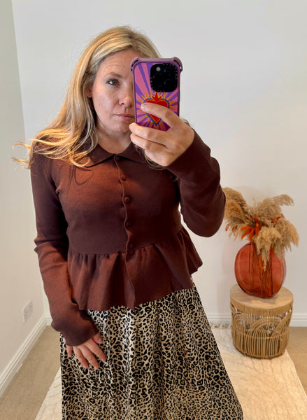 Collared Peplum Cardigan | Chocolate Brown