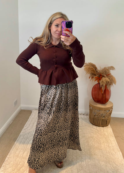 Collared Peplum Cardigan | Chocolate Brown