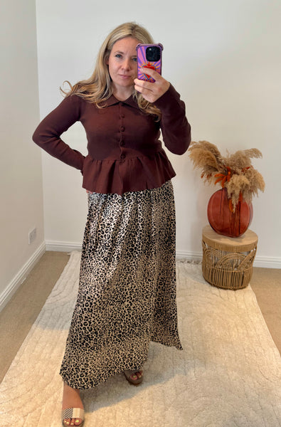 Collared Peplum Cardigan | Chocolate Brown