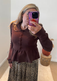 Collared Peplum Cardigan | Chocolate Brown