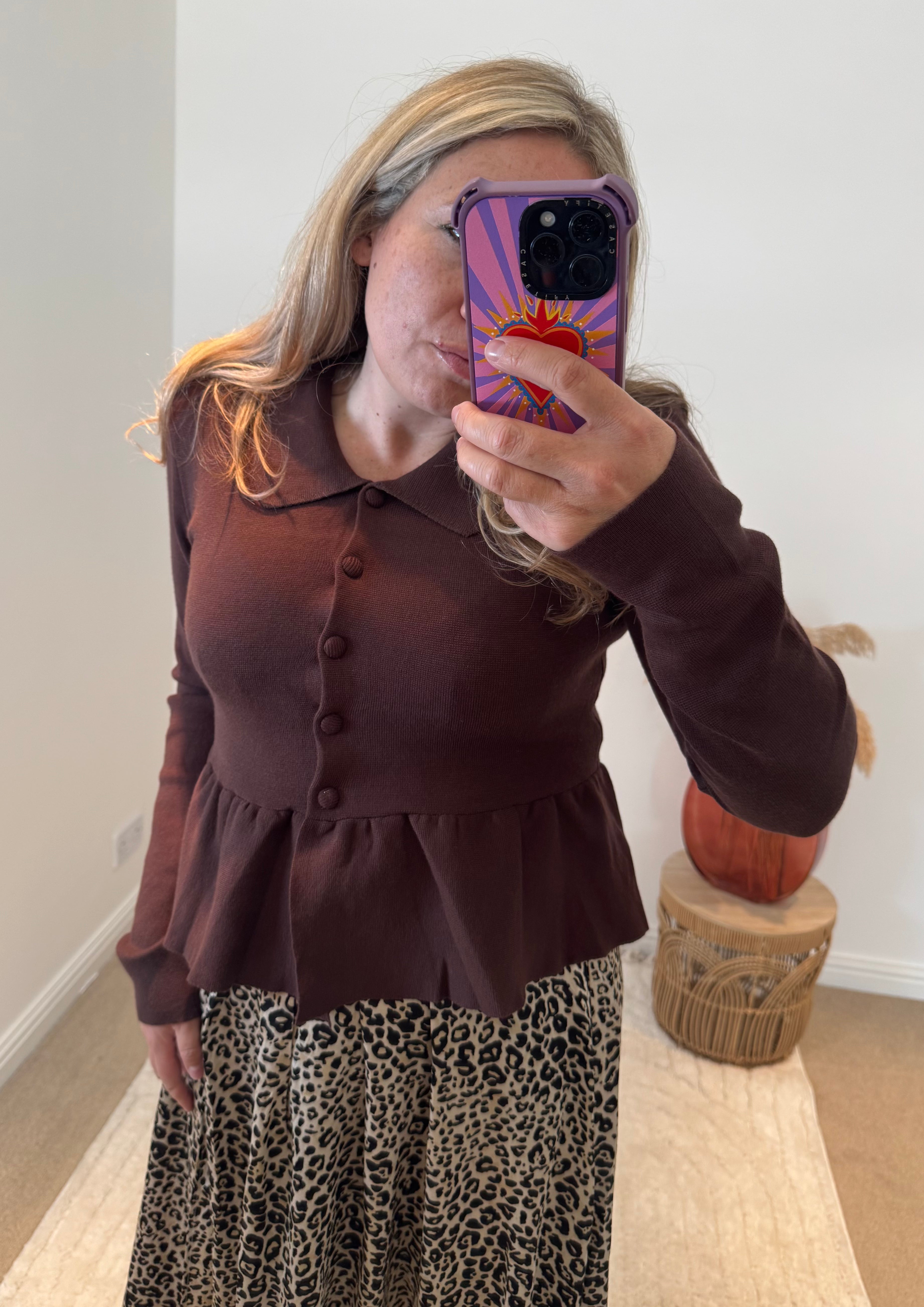 Collared Peplum Cardigan | Chocolate Brown