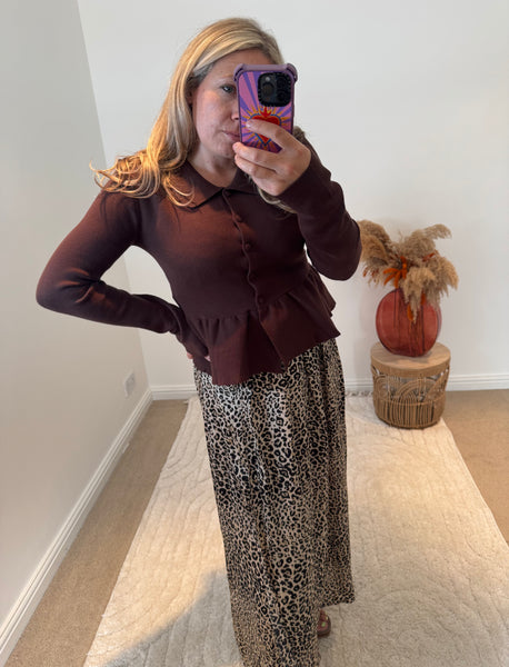 Collared Peplum Cardigan | Chocolate Brown