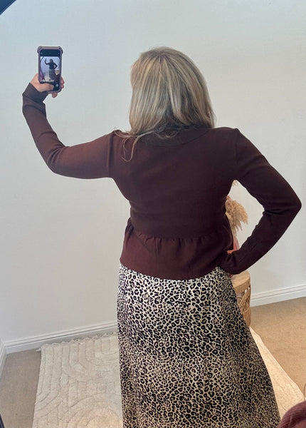 Collared Peplum Cardigan | Chocolate Brown