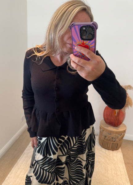 Collared Peplum Cardigan | Black