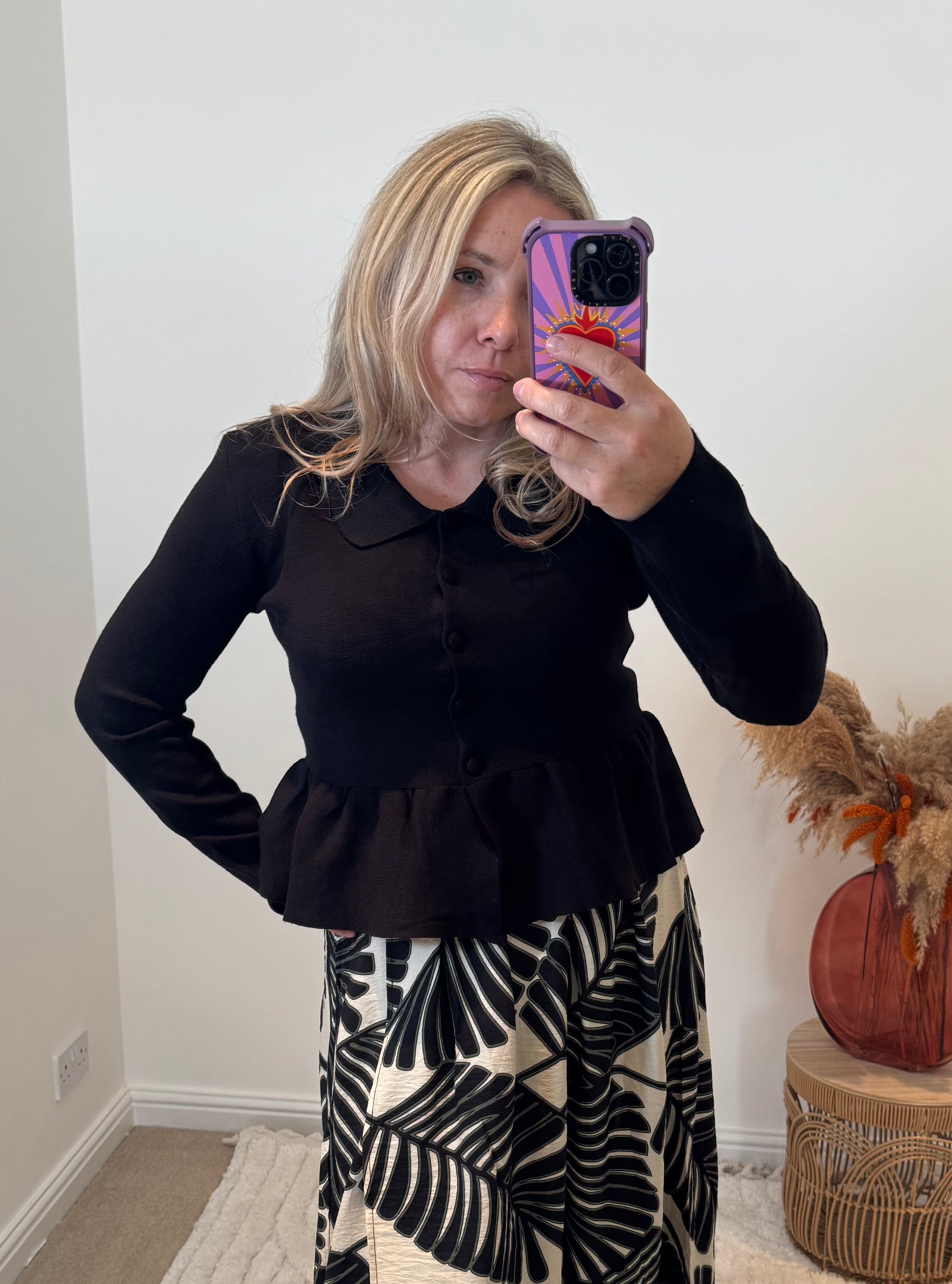 Collared Peplum Cardigan | Black