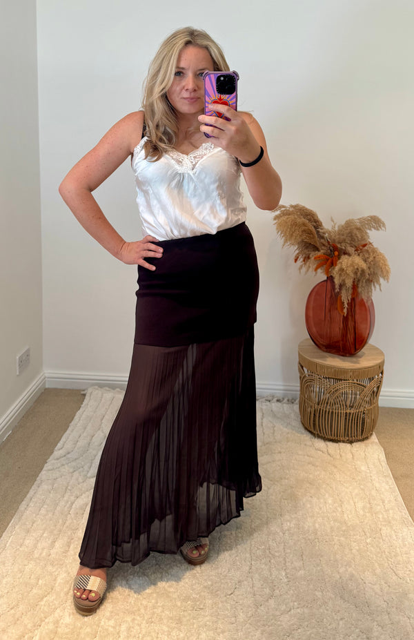 Lola Bandage and Chiffon Pleated Skirt | Chocolate