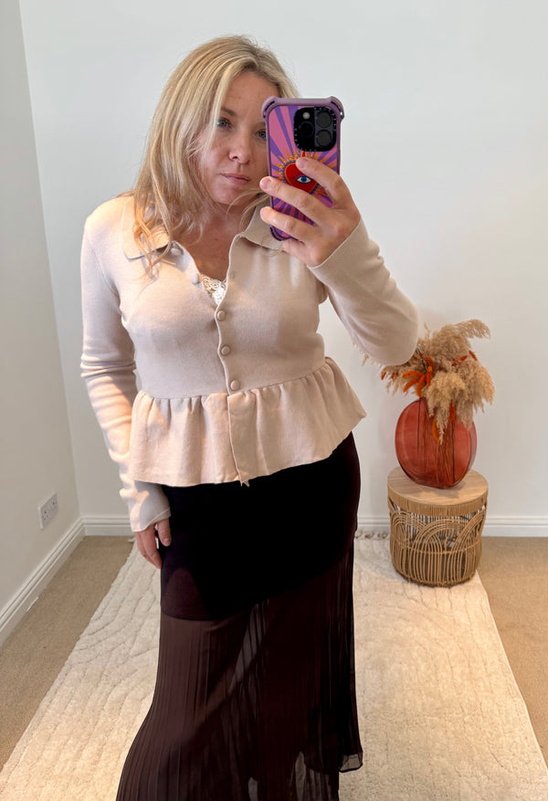 Collared Peplum Cardigan | Beige