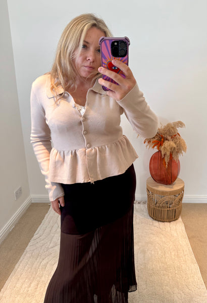 Collared Peplum Cardigan | Beige