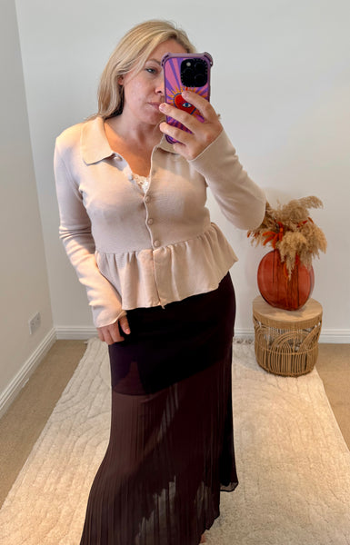 Collared Peplum Cardigan | Beige