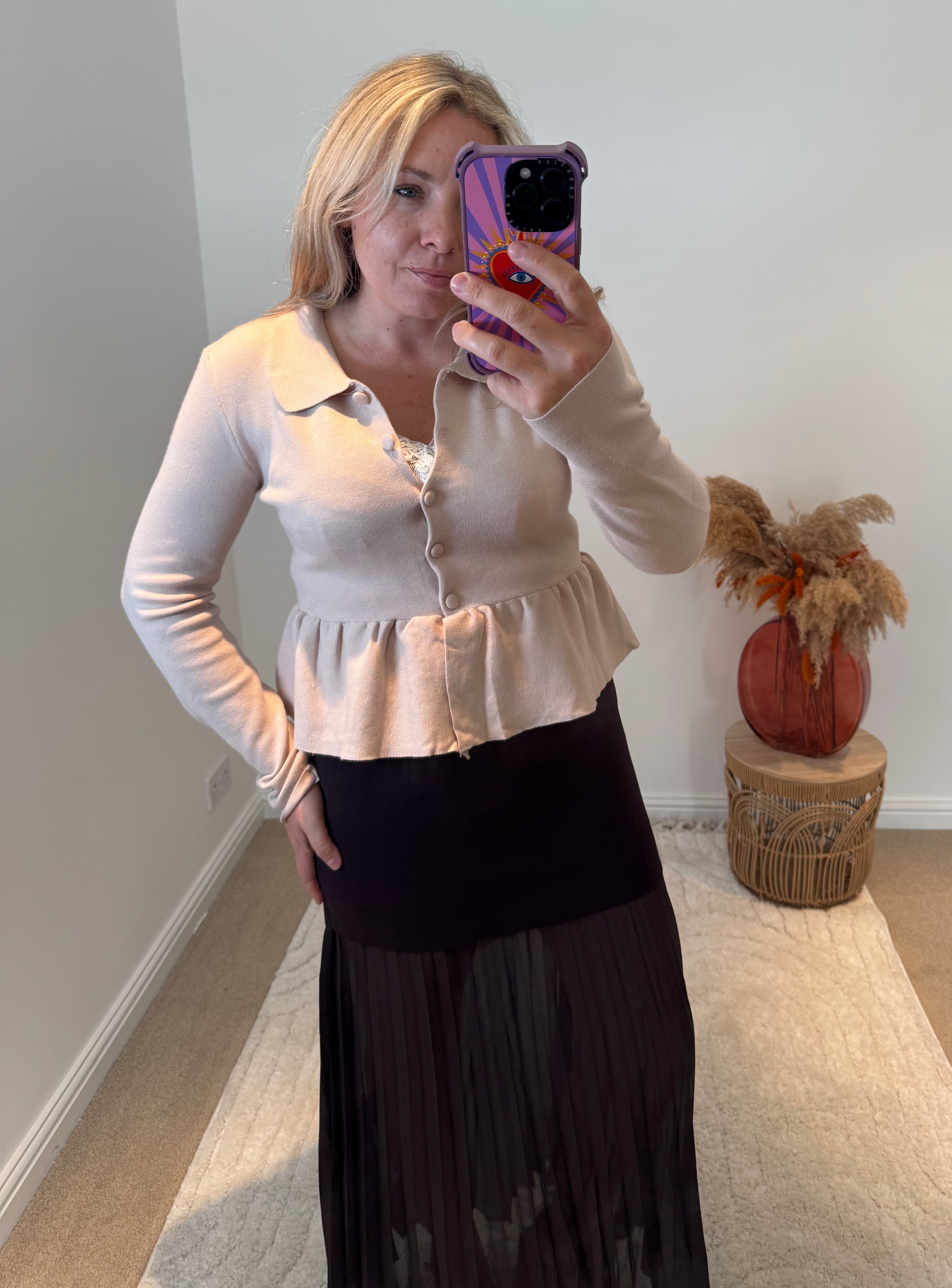 Collared Peplum Cardigan | Beige