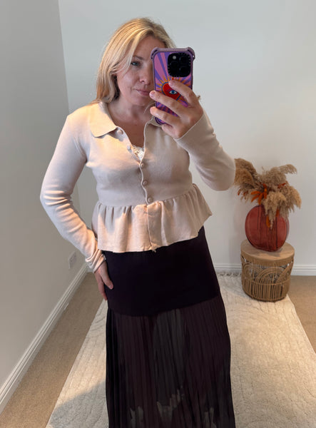 Collared Peplum Cardigan | Beige