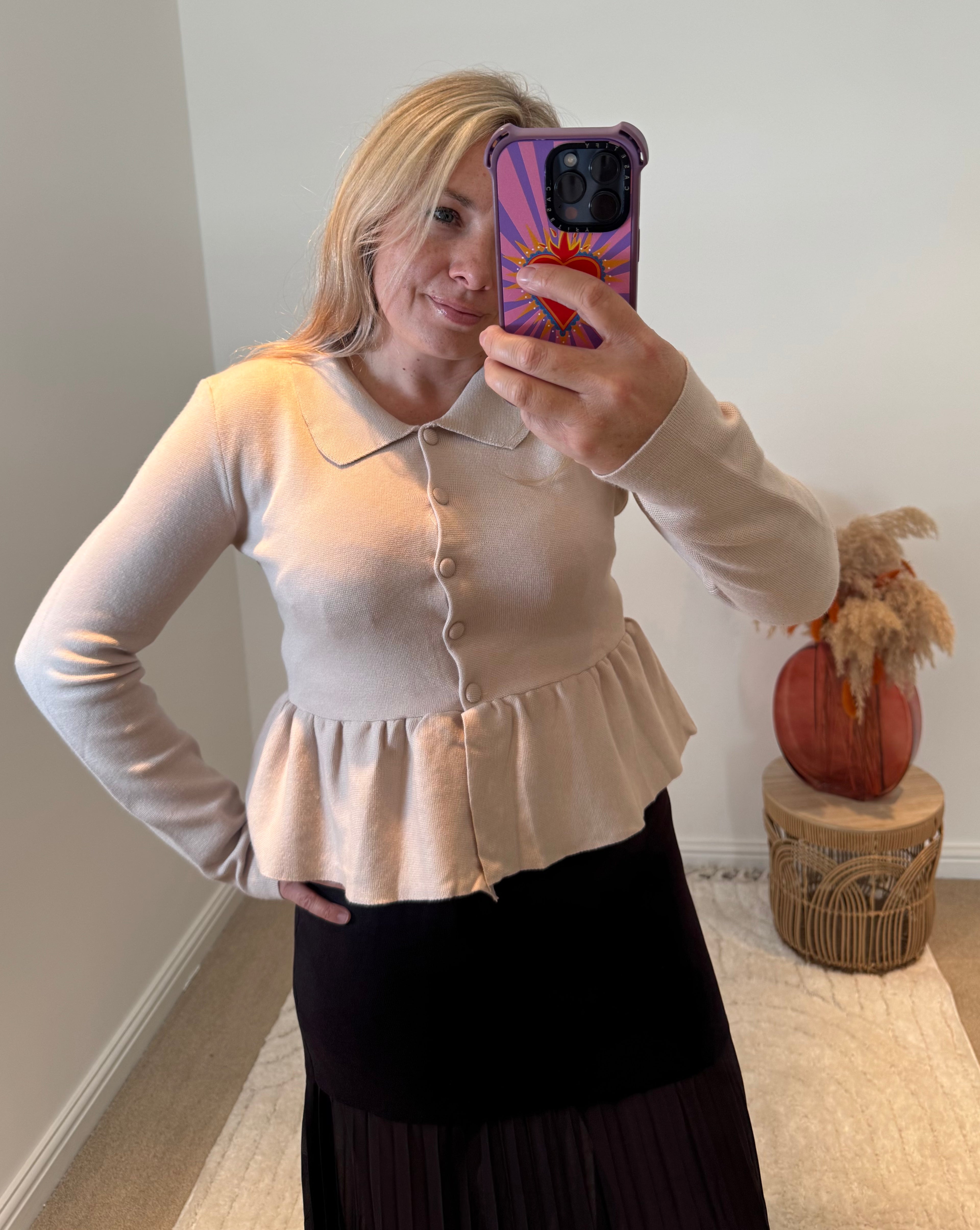 Collared Peplum Cardigan | Beige