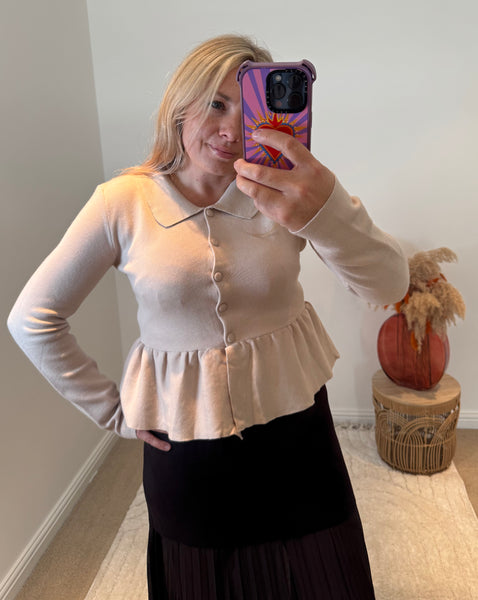 Collared Peplum Cardigan | Beige