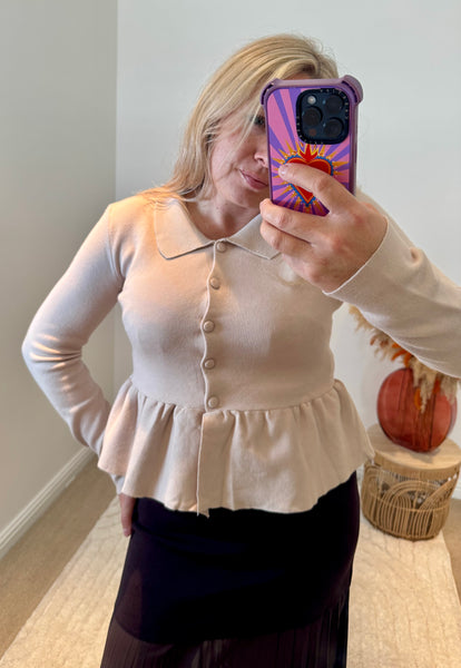 Collared Peplum Cardigan | Beige