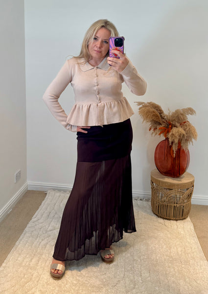 Collared Peplum Cardigan | Beige