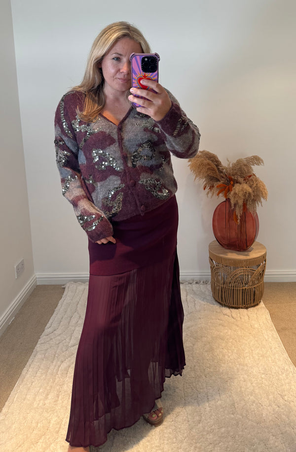 Sequin Detail Camo Design Cardigan | Purple Multi