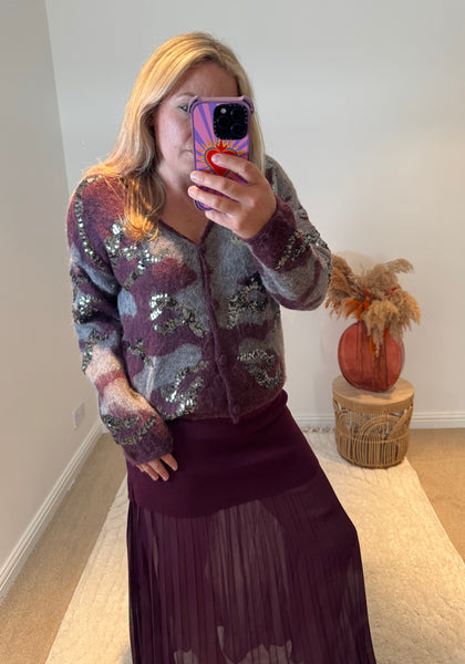 Sequin Detail Camo Design Cardigan | Purple Multi