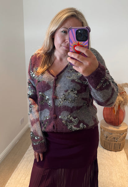 Sequin Detail Camo Design Cardigan | Purple Multi