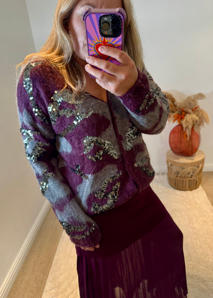Sequin Detail Camo Design Cardigan | Purple Multi