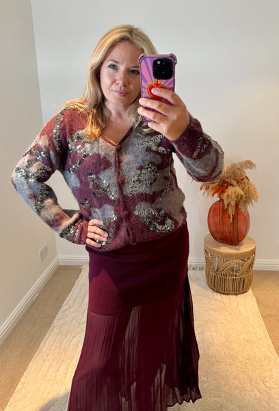 Sequin Detail Camo Design Cardigan | Purple Multi