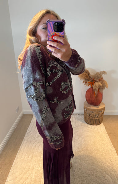 Sequin Detail Camo Design Cardigan | Purple Multi