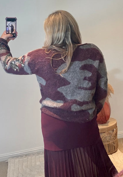 Sequin Detail Camo Design Cardigan | Purple Multi