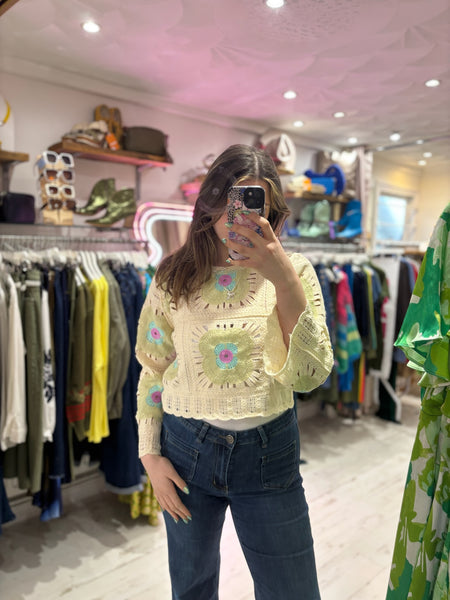 Flower Crochet Cropped Jumper | Mint Multi