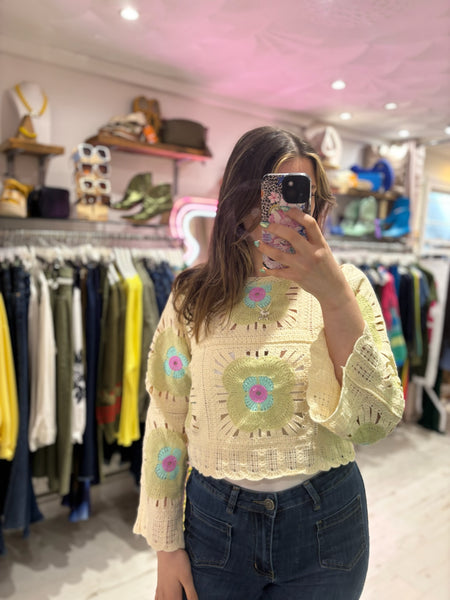 Flower Crochet Cropped Jumper | Mint Multi