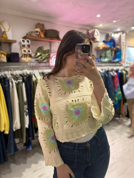 Flower Crochet Cropped Jumper | Mint Multi