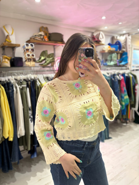 Flower Crochet Cropped Jumper | Mint Multi