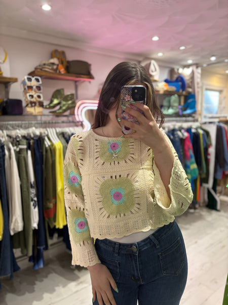 Flower Crochet Cropped Jumper | Mint Multi