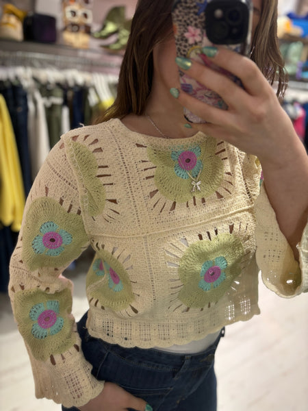 Flower Crochet Cropped Jumper | Mint Multi