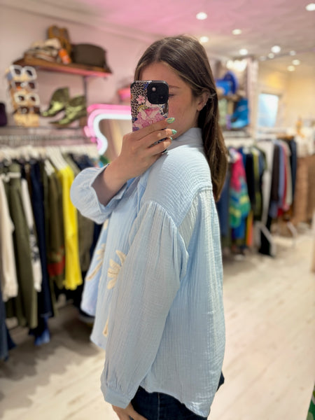Cotton Cheesecloth Palm Detail Shirt | Sky Blue
