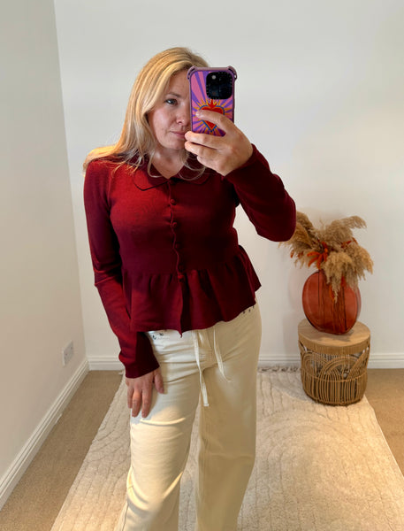 Collared Peplum Cardigan | Deep Wine
