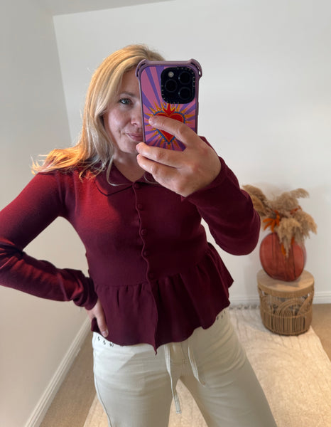 Collared Peplum Cardigan | Deep Wine