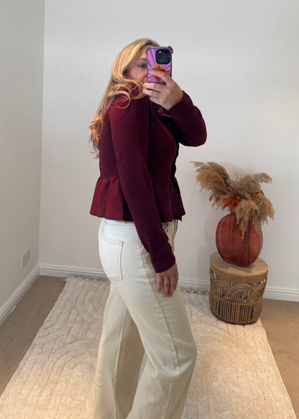 Collared Peplum Cardigan | Deep Wine